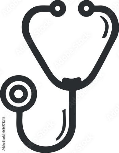 Black and white line icon of a stethoscope used by medical professionals for patient examination and diagnosis
