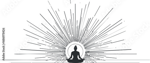Silhouette of a person meditating in lotus pose with radiant sunburst lines symbolizing energy and calm
