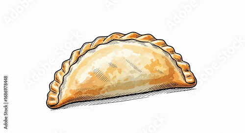 Illustration of a baked empanada with a crimped edge, lying on a white background.