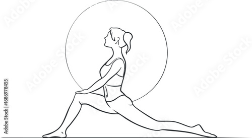 Silhouette of a woman performing a yoga stretch pose with a circular background symbolizing balance and calmness