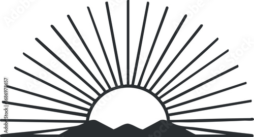 Black and white vector illustration of sun rising behind mountains with radiant sun rays spreading outward