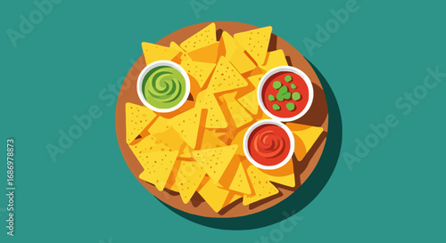 Top-down view of a wooden plate filled with tortilla chips and three small bowls of colorful dips.