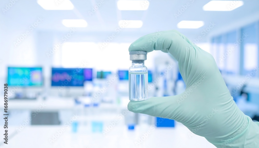 Fototapeta premium Hand in lab coat holding vial of liquid