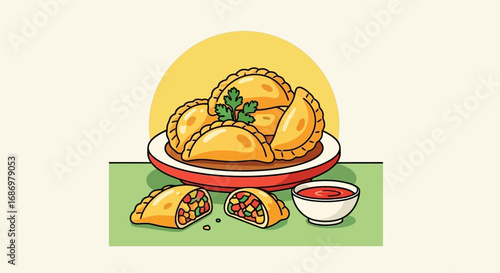 Illustration of several empanadas piled on a plate with a side of dipping sauce and two cut empanadas showing the filling.
