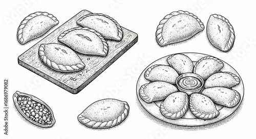 Hand-drawn illustration of empanadas arranged on a wooden board and a plate, with additional empanadas scattered around.