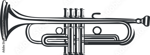 Black and white vector illustration of a trumpet musical instrument with valves and mouthpiece