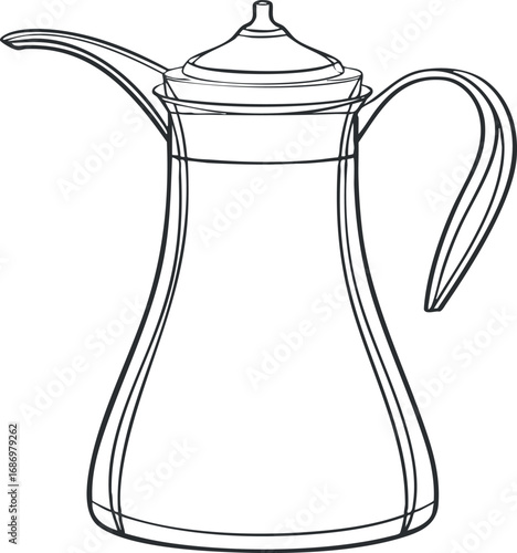 Line art illustration of a coffee pot with spout handle and lid for brewing and serving coffee