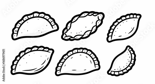 Six hand-drawn dumplings with crimped edges, arranged on a white background, in a simple black and white illustration style.