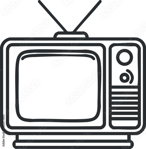 Black and white line art illustration of a vintage television with antenna and knobs.