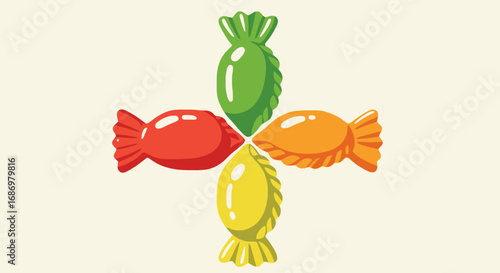 Four colorful candy pieces arranged in a cross shape on a light background.