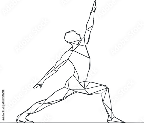 Geometric line art illustration of a person performing a yoga warrior pose stretching exercise