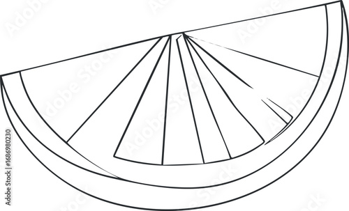 Black and white line art illustration of a lemon slice showing the citrus segments and peel
