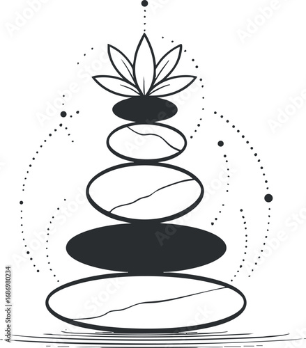 Black and white illustration of balanced smooth stones with leaves and circular dotted patterns symbolizing relaxation and harmony