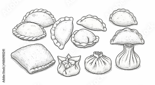 Illustration of various dumpling shapes and styles, including round, crescent, square, and knotted forms, rendered in a detailed, sketch-like style.
