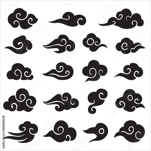 Set of Traditional Chinese or Japanese Asian Style Scroll and Swirl Cloud Vector Icons