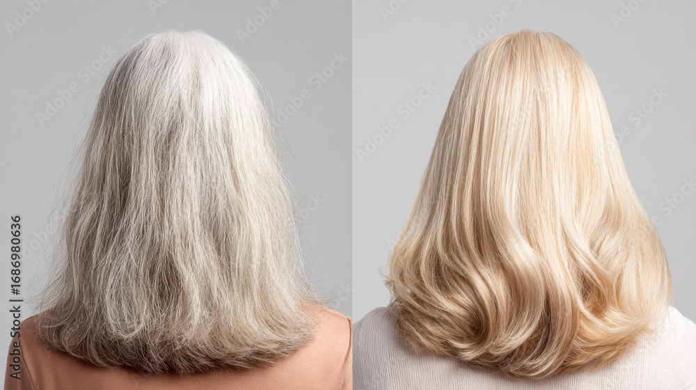 Fototapeta premium Hair transformation collage showcasing before and after results of a hair color change