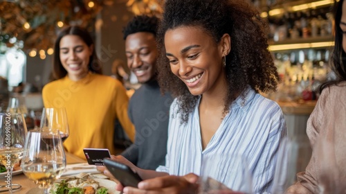 Young Professionals Splitting Restaurant Bill at Stylish Eatery