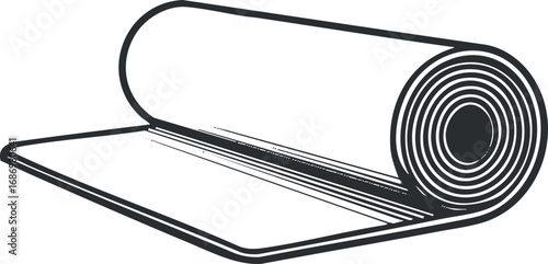 Black and white vector illustration of a rolled carpet or mat partially unrolled on a flat surface