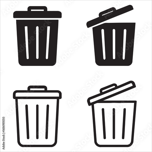 Set of Trash Can and Dustbin Icons in Solid Glyph and Outline Styles Vector