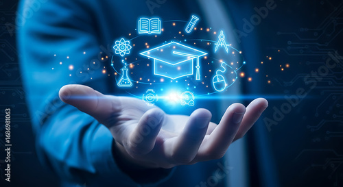 Unlock global learning possibilities with digital education icons floating above an open hand