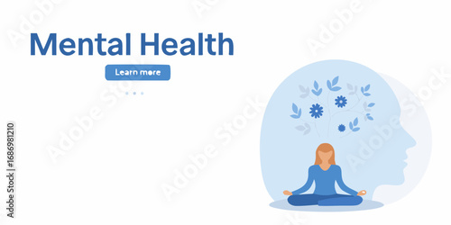 Woman meditating in lotus pose inside a silhouette of a head with growing flowers representing mental health and well being