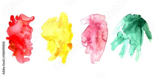 Abstract watercolor textures. Red, green, yellow, pink colors. Paint stains for decorative background.