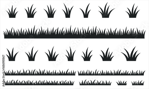 Set of Black Grass Tuft and Border Silhouettes Vector Graphic Design Elements