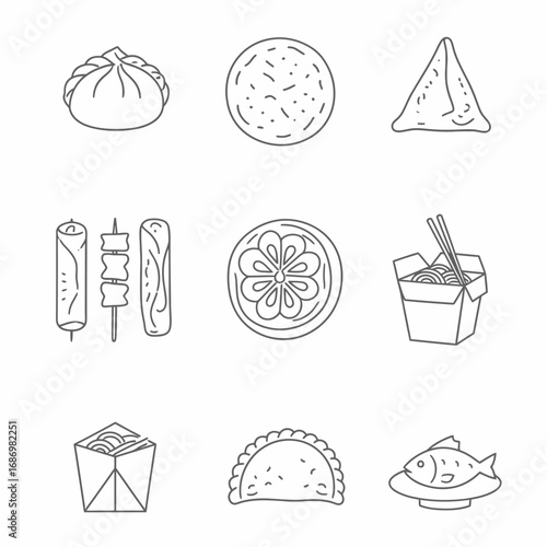 A collection of nine different Asian food icons, including dumplings, spring rolls, noodles, samosas, and fish, all in a simple line art style.