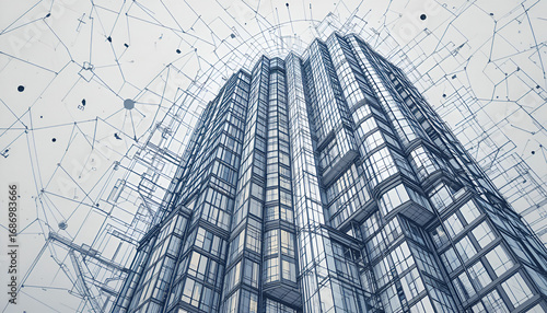 Futuristic skyscraper design with network connections and architectural blueprint
