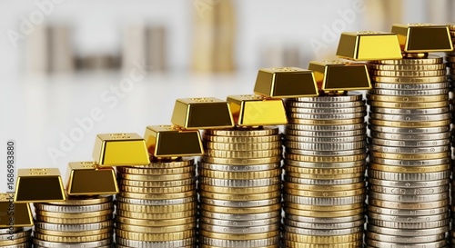 A visual representation of asset allocation, showing gold bars on top of growing coin stacks. This symbolizes a diversified portfolio combining commodities with currency for stable growth.