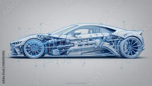 Futuristic car design with detailed blueprint and engineering schematics shown