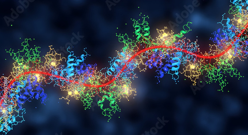 Fototapeta Naklejka Na Ścianę i Meble -  Intricate Molecular Biology: 3D Rendering of a Helical DNA or Protein Strand with Interacting Molecules