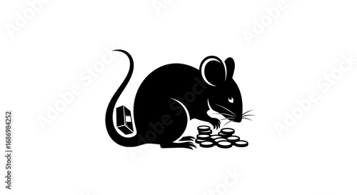 Black silhouette of a clever mouse counting a pile of coins.