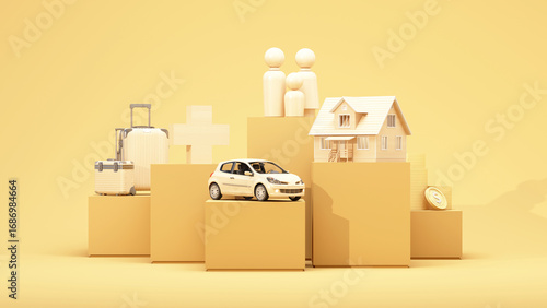 An umbrella covers family, home, car, health, and savings, symbolizing total protection. 3d rendering.