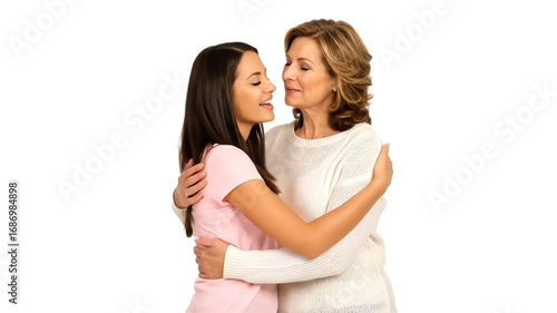 A tender moment between a happy mother and her daughter, hugging and smiling with their eyes closed, representing love, family bonds, and happy moments.