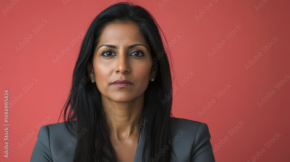Fototapeta premium Focused Professional Portrait: A strong and composed female executive radiates confidence against a vivid backdrop, embodying the essence of professionalism and leadership. 