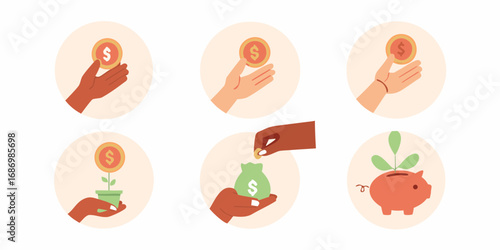 Collection of six circular icons illustrating financial concepts like saving investing and growth