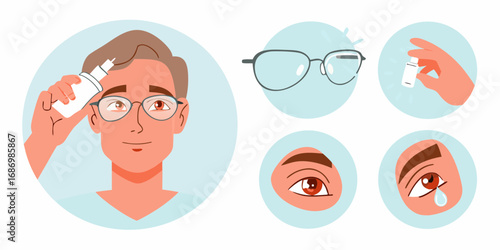 Man applying eye drops to treat red irritated eyes wearing glasses with visual aids showing eye care steps