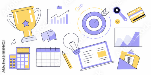 Collection of business and finance related icons and symbols for planning and success