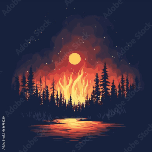 Forest fire, landscape vector illustration