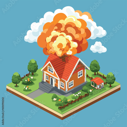 isometric House hit by explosion , vector style simple color