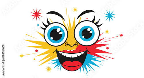 Joyful cartoon face with bursting colors and sparkling party effects for festive celebrations