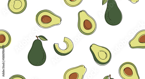 A whimsical pattern of freshly sliced and whole avocados scattered across a clean white background