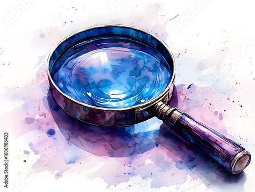 Watercolor magnifying glass mockup with blue lens on splattered background