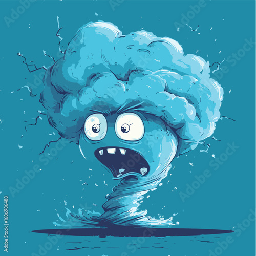 Cartoon of a swirling tornado-like cloud with a scared expression , vector style simple color