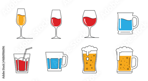 Collection of assorted beverages in glasses and mugs featuring wine beer soda and cocktails