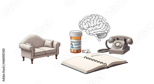 Therapy Room Setup with Medication Bottles and Notebook