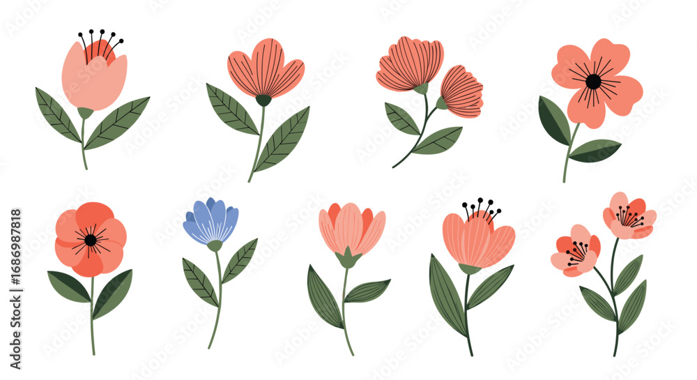 Fototapeta premium A charming collection of hand-drawn floral illustrations featuring delicate petals and lush greenery perfect for springtime designs