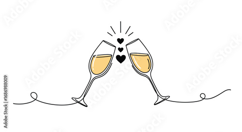 A toast to love and celebration with sparkling wine champagne glasses and hearts illustration