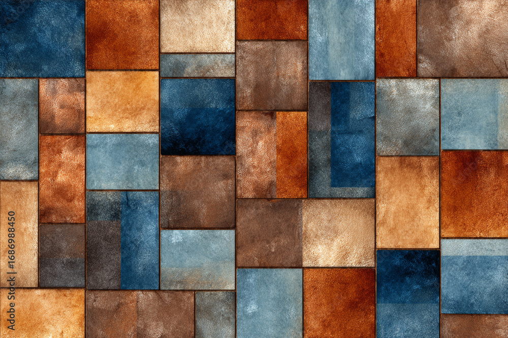 Fototapeta premium Abstract square tile pattern in blue brown and orange tones